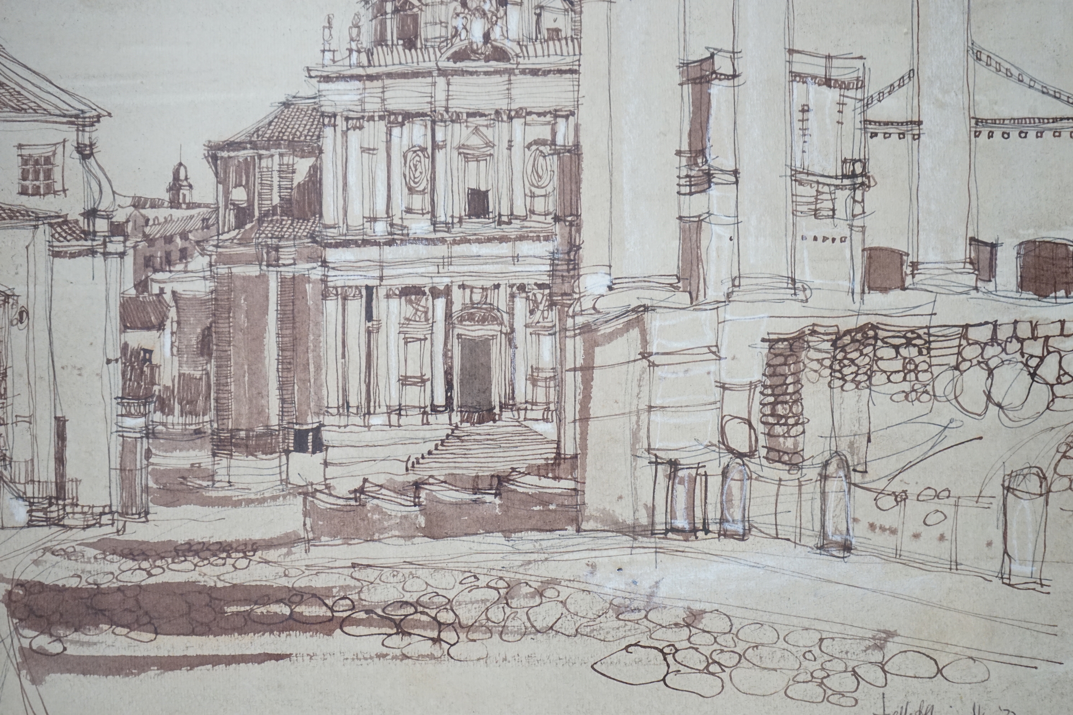 Pen and wash on paper, St Paul's Cathedral, London, indistinctly signed and dated '72, 36 x 49cm